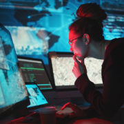 Cybersecurity woman and computer with global netw 2025 04 06 11 22 50 utc
